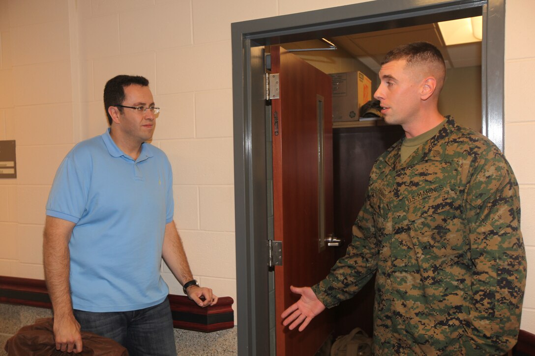 Jared Fogle, the spokesman of Subway restaurants speaks to Marines at Wounded Warrior Battalion-East on Marine Corps Base Camp Lejeune Dec. 7.  He has visited multiple military installations around the world. (Official U.S. Marine Corps Photo by Pfc. Jackeline M. Perez Rivera)