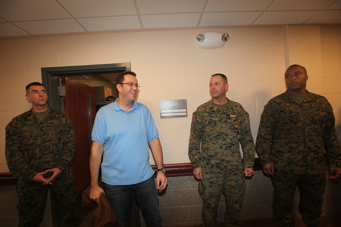 Jared Fogle, the spokesman of Subway restaurants speaks to Marines at Wounded Warrior Battalion-East on Marine Corps Base Camp Lejeune Dec. 7. Fogle visited Bitz Elementary School during the visit.  (Official U.S. Marine Corps Photo by Pfc. Jackeline M. Perez Rivera)