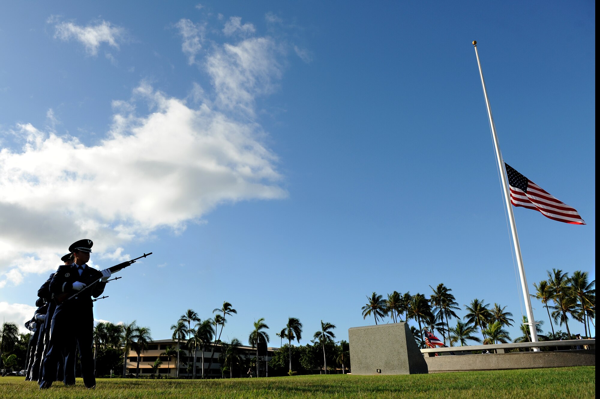 Lou Roffman, a former technical sergeant stationed at Hickam Field in 1941 during the infamous attacks on Oahu, salutes during the National Anthem at the 70th Remembrance Ceremony at Joint Base Pearl Harbor-Hickam, Hawaii, Dec. 7, 2011. (U.S. Air Force photo/Staff Sgt. Mike Meares)
