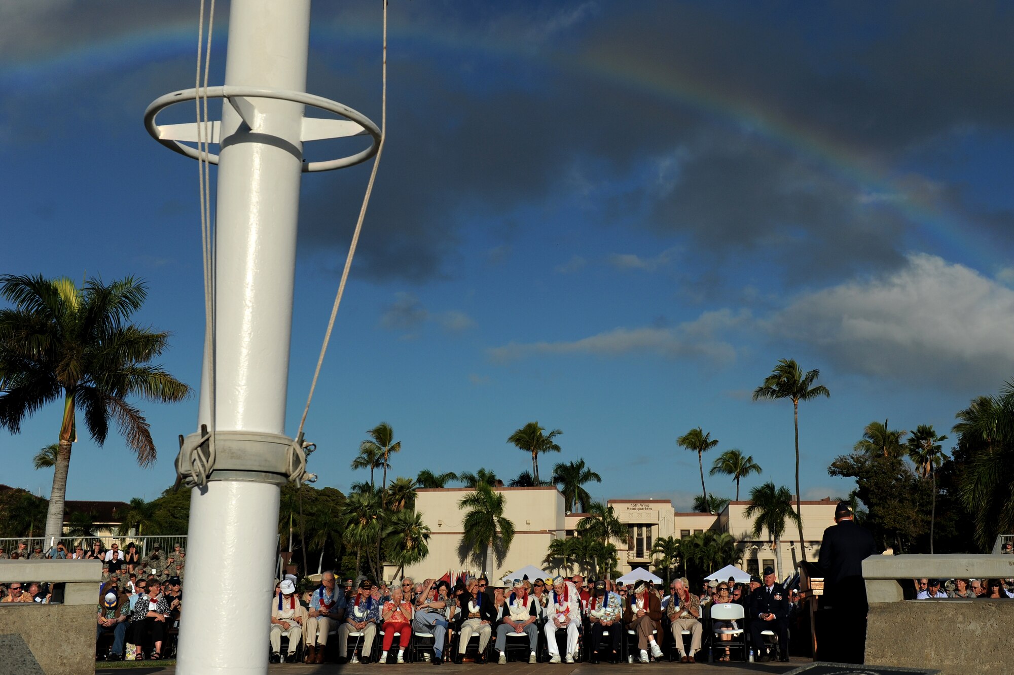 Lou Roffman, a former technical sergeant stationed at Hickam Field in 1941 during the infamous attacks on Oahu, salutes during the National Anthem at the 70th Remembrance Ceremony at Joint Base Pearl Harbor-Hickam, Hawaii, Dec. 7, 2011. (U.S. Air Force photo/Staff Sgt. Mike Meares)