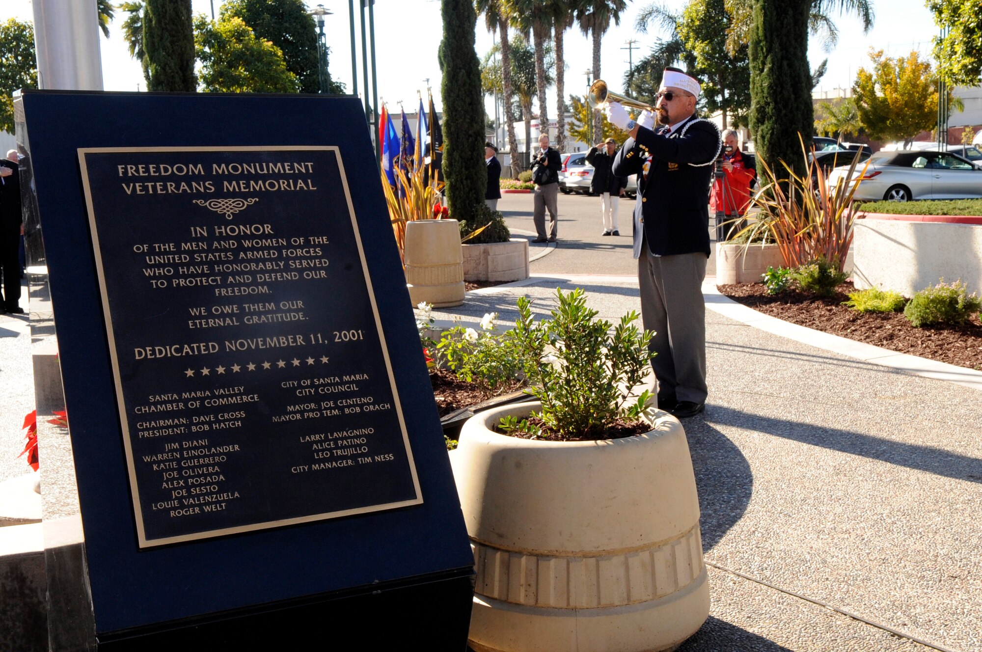 VANDENBERG AIR FORCE BASE, Calif.- Michael Stadnick Jr., Veterans of Foreign Wars of the United States All American commander, plays taps during a ceremony to honor Santa Maria’s 97 fallen heroes held at the Freedom Monument Veterans Memorial at Abel Maldonado Community Youth Center in Santa Maria, Dec. 7, 2011. (U.S. Air Force photo/ Tech. Sgt. Scottie T. McCord)