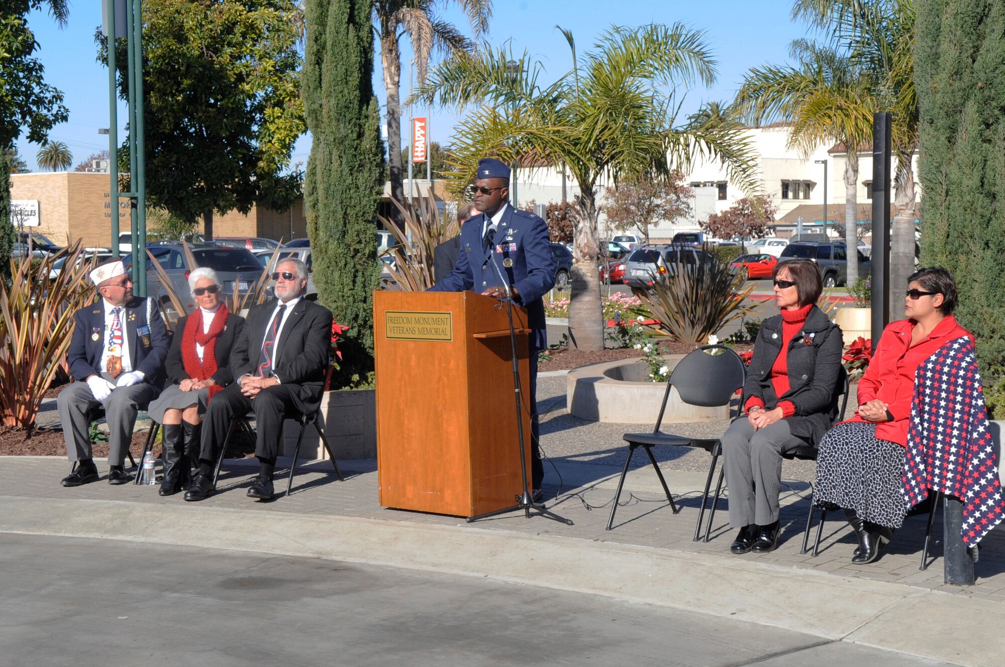 VANDENBERG AIR FORCE BASE, Calif.- Col. Lavanson C. Coffey III, 30th Launch Group commander, provides ceremonial remarks at an event honoring Santa Maria’s 97 fallen heroes held at the Freedom Monument Veterans Memorial at the Abel Maldonado Community Youth Center in Santa Maria, Dec. 7, 2011.  The memorial honors heroes whom fought in World War II, The Korean War, The Vietnam War and the War on Terrorism. (U.S. Air Force photo/ Tech. Sgt. Scottie T. McCord)