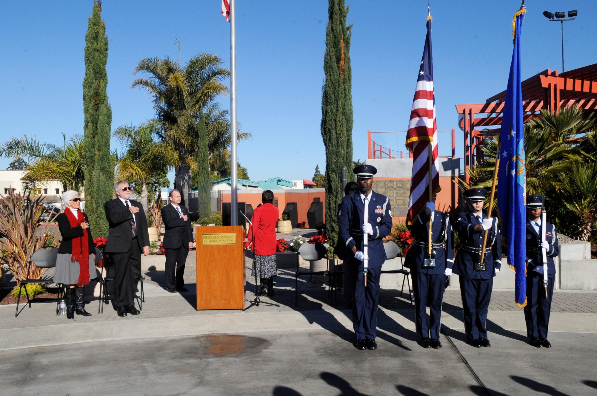 VANDENBERG AIR FORCE BASE, Calif.- The Vandenberg Air Force Base Honor Guard posts the colors during a ceremony honoring Santa Maria’s 97 fallen heroes at the Freedom Monument Veterans Memorial at the Abel Maldonado Community Youth Center in Santa Maria, Dec. 7, 2011. (U.S. Air Force photo/ Tech. Sgt. Scottie T. McCord)