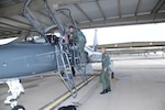 Capt. Landon Phillips, 12th Operations Group, performs a pre-flight inspection of a T-38C Talon from the 435th Fighter Training Squadron prior to take off Dec. 2.  Captain Phillips piloted the aircraft as a part of the dedication ceremonies for the Capt. Benjamin F. Danielson Auditorium in the 558th Flying Training Squadron. Retired Lt. Col. Jim George (right), the on-scene-commander for the majority of the Boxer 22 mission which attempted to rescue Captain Danielson, flew in the rear cockpit during the flight.  (U.S. Air Force photo/Rich McFadden)