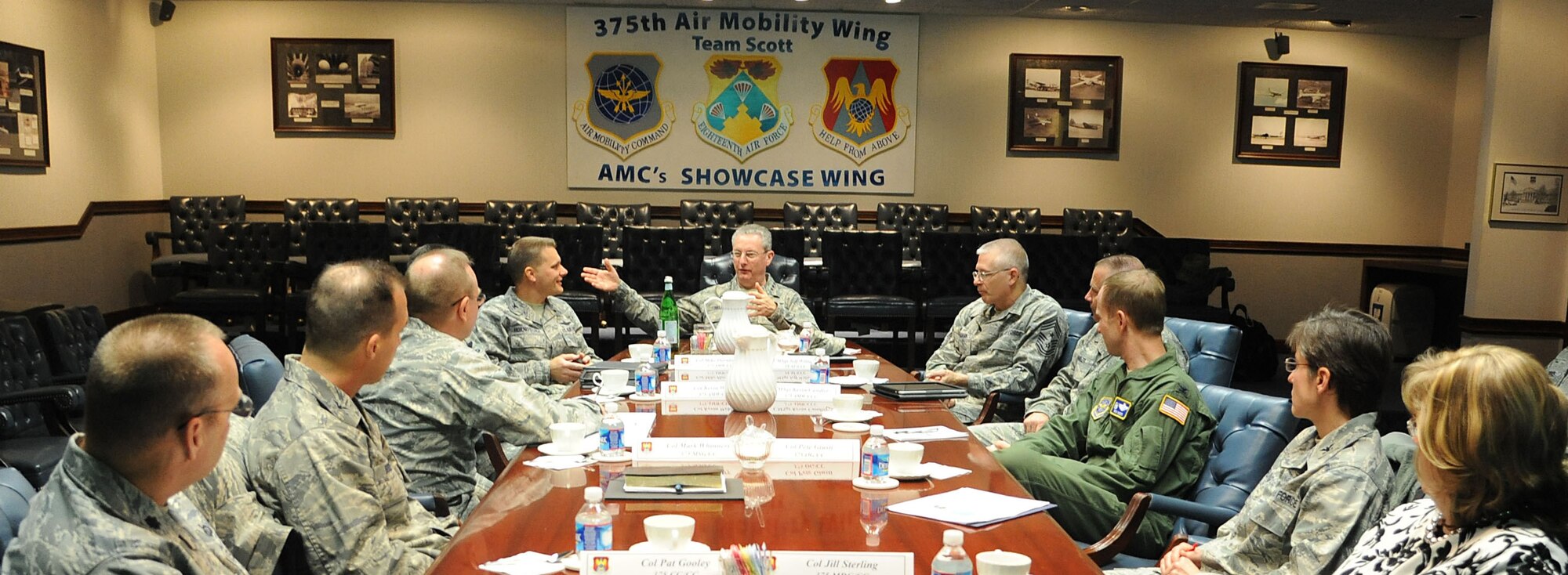 Lt. Gen. Mark Ramsay, 18th Air Force commander, meets with senior leadership to discuss ways to improve the base, operations and Airman readiness at Scott Air Force Base, Ill. Dec. 2. General Ramsay toured Scott AFB after recently taking command to familiarize himself with the mission and people involved with the 375th Air Mobility Wing. (U.S. Air Force photo/ Staff Sgt. Ryan Crane)

