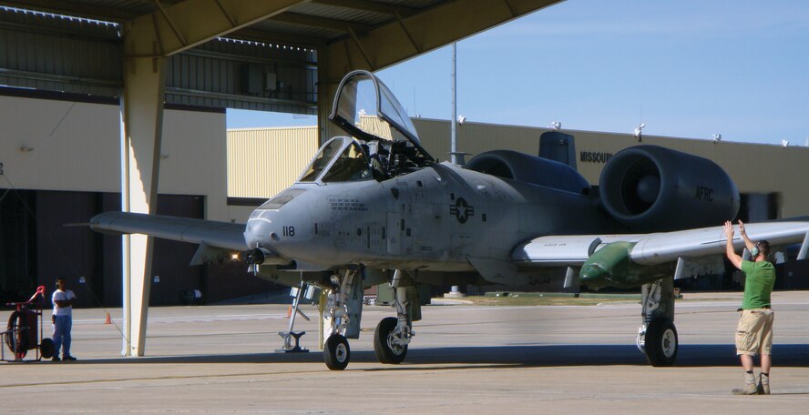 An A-10 Thunderbolt II aircraft assigned to the 442nd Fighter Wing, Whiteman Air Force Base, Mo., taxis to the runway, Oct. 24, for its first takeoff since June when it landed with its gear up. The 442nd Maintenance Group is responsible for the quick repair of the aircraft making it safe for flight in less than four months. The 442nd Fighter Wing is an Air Force Reserve unit. (U.S. Air Force photo/Master Sgt. James Kirksey)