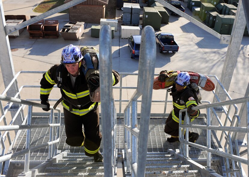 WHITEMAN AIR FORCE BASE, Mo. - - Staff Sgt. Derrick Allen opens the fire hydrant while doing circuit training to keep his skills sharp Nov. 30. The Whiteman AFB team of Allen, Vanden Haak, Airman 1st Class Anthony Beaudry, Master Sgt. Mark Belton, and Christopher Finkes earned the silver medal this year at the world firefighter competition at Myrtle Beach, S.C. The challenge requires maximum effort in minimal time as it simulates the exertion needed to fight a fire and rescue a victim on a timed course. Allen is a fire protection specialist assigned to the 509th Civil Engineer Squadron, Fire Protection Flight. (U.S. Air Force photo/Senior Airman Laura Goodgame) 