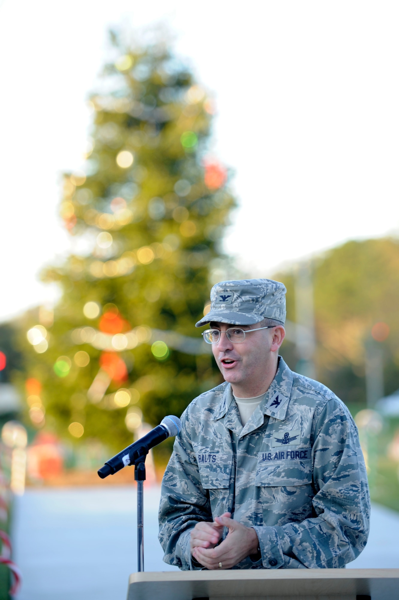 VANDENBERG AIR FORCE BASE, Calif. -- Col. Keith Balts, 30th Space Wing vice commander, speaks during the base tree lighting event here Tuesday, Dec. 6, 2011.  The event included Christmas carols, the lighting of the tree and a visit from Santa. (U.S. Air Force photo/Staff Sgt. Andrew Satran) 

   