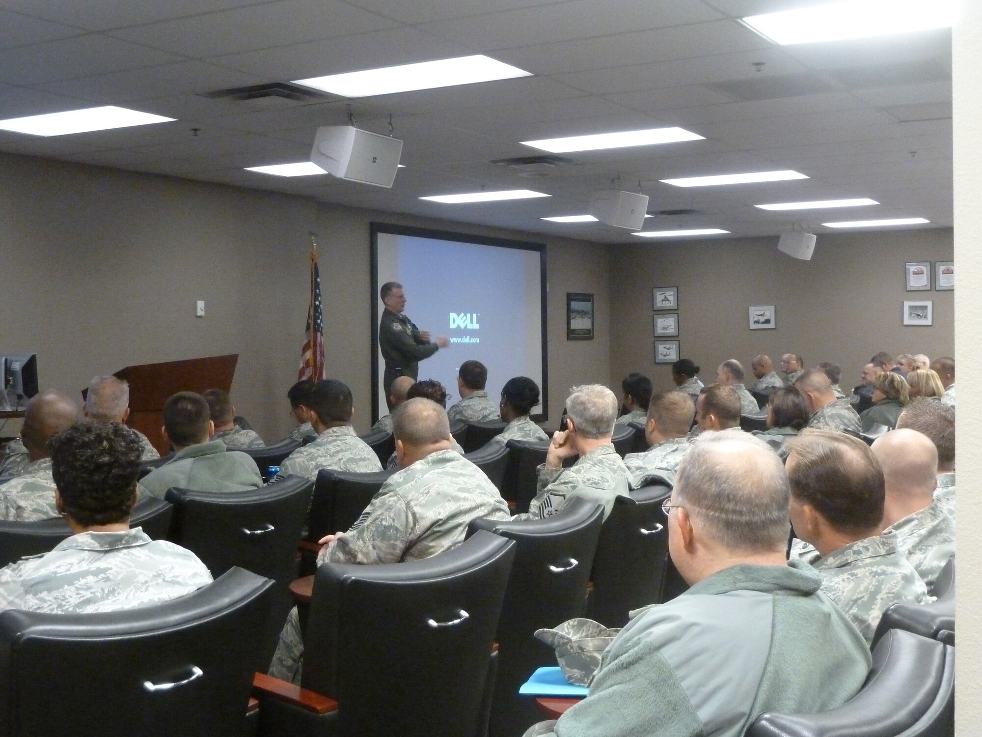 WRIGHT-PATTERSON AIR FORCE BASE, Ohio - Lt. Col. Rich Alexandersen, Chief of Operational Readiness Training, 22nd Air Force, Dobbins Air Reserve Base, Ga., leads a group of 100 exercise evaluation team members that included 41 445th Airlift Wing members through an EET seminar held at March Air Reserve Base Dec. 3 and 4. (U.S. Air Force photo/Master Sgt. Charlie Miller) 