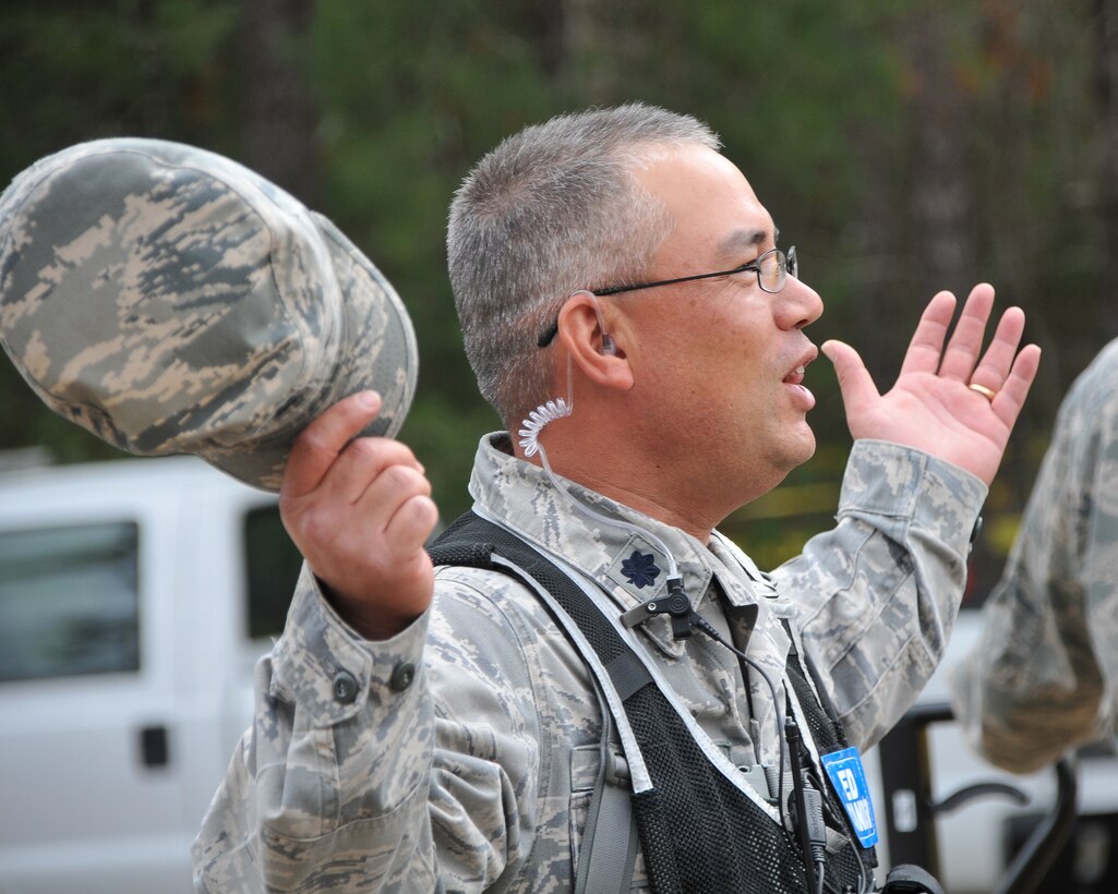 National Guard Lt. Col. Charles Drown, deployed Medical Commander, takes his hat off after completing the Homeland Response Force Exercise Evaluation Operation Sunrise Rescue at Camp Blanding Joint Training Center, Fla., Nov. 18, 2011. Medics from the 165 Medical Group, Savannah, Ga. and 116 Medical Group, Robins, Ga., were ready to receive patients in 27 minutes from the vehicles arrived onsite. (National Guard photo by Tech. Sgt. Chuckie Delano/Released)