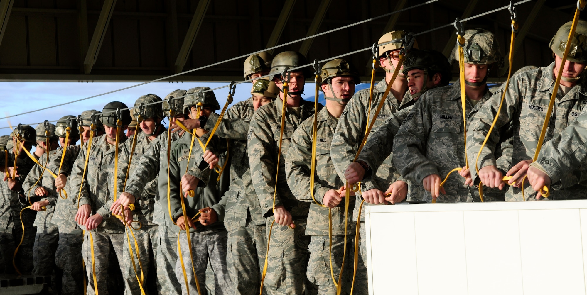 Airmen with the 8th Air Support Operations Squadron participate in a simulated training Dec.6 at Aviano Air Base, Italy. This training ensured the paratroopers are aware of the safety procedures during the jump. (U.S. Air Force photo/Airman 1st Class Briana Jones)


