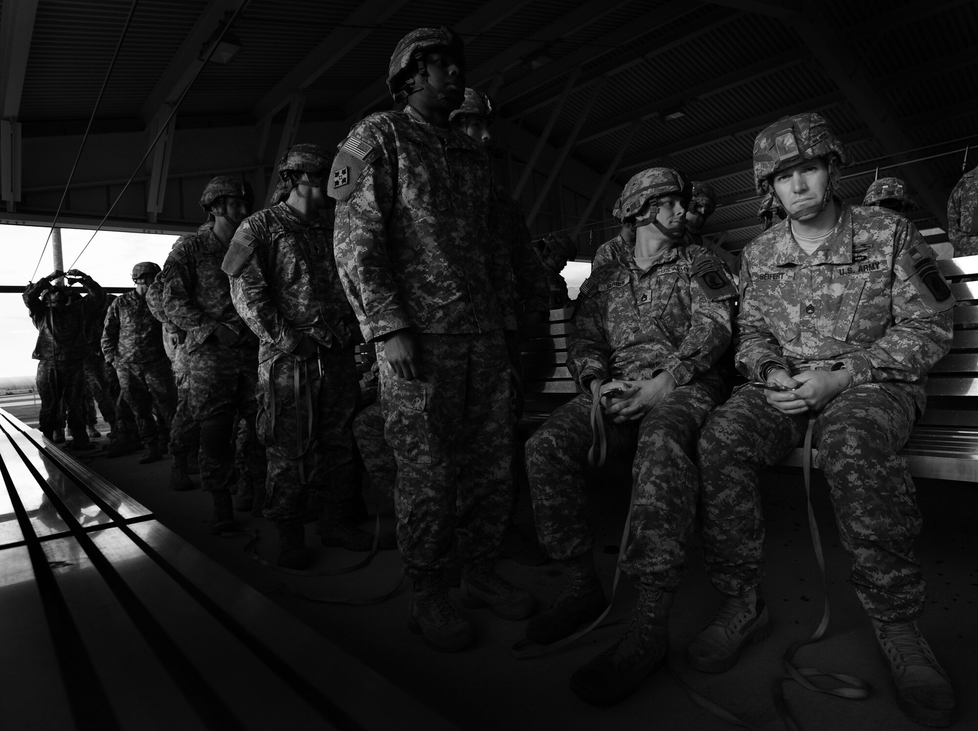 Soldiers with the 173rd Airborne Brigade Combat Team conduct a sustained training Dec. 6 at Aviano Air Base, Italy.  The 173rd ABCT soldiers reviewed all performance points required when preparing for static line jumps. (U.S. Air Force Photo/Staff Sgt Evelyn Chavez)