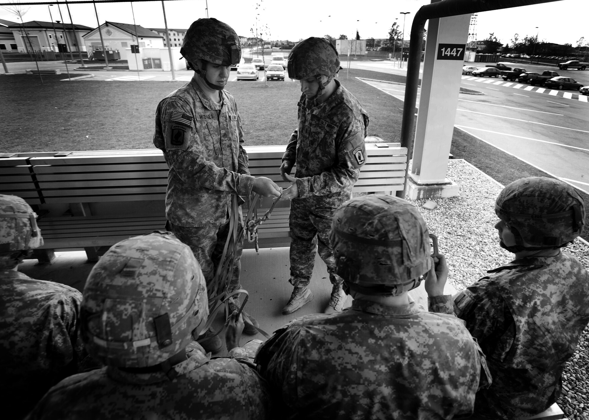 Soldiers with the 173rd Airborne Brigade Combat Team conduct a sustained training Dec. 6 at Aviano Air Base, Italy.  The 173rd ABCT soldiers in an airborne operation with the 8th Air Support Operations Squadron. (U.S. Air Force Photo/Staff Sgt Evelyn Chavez)