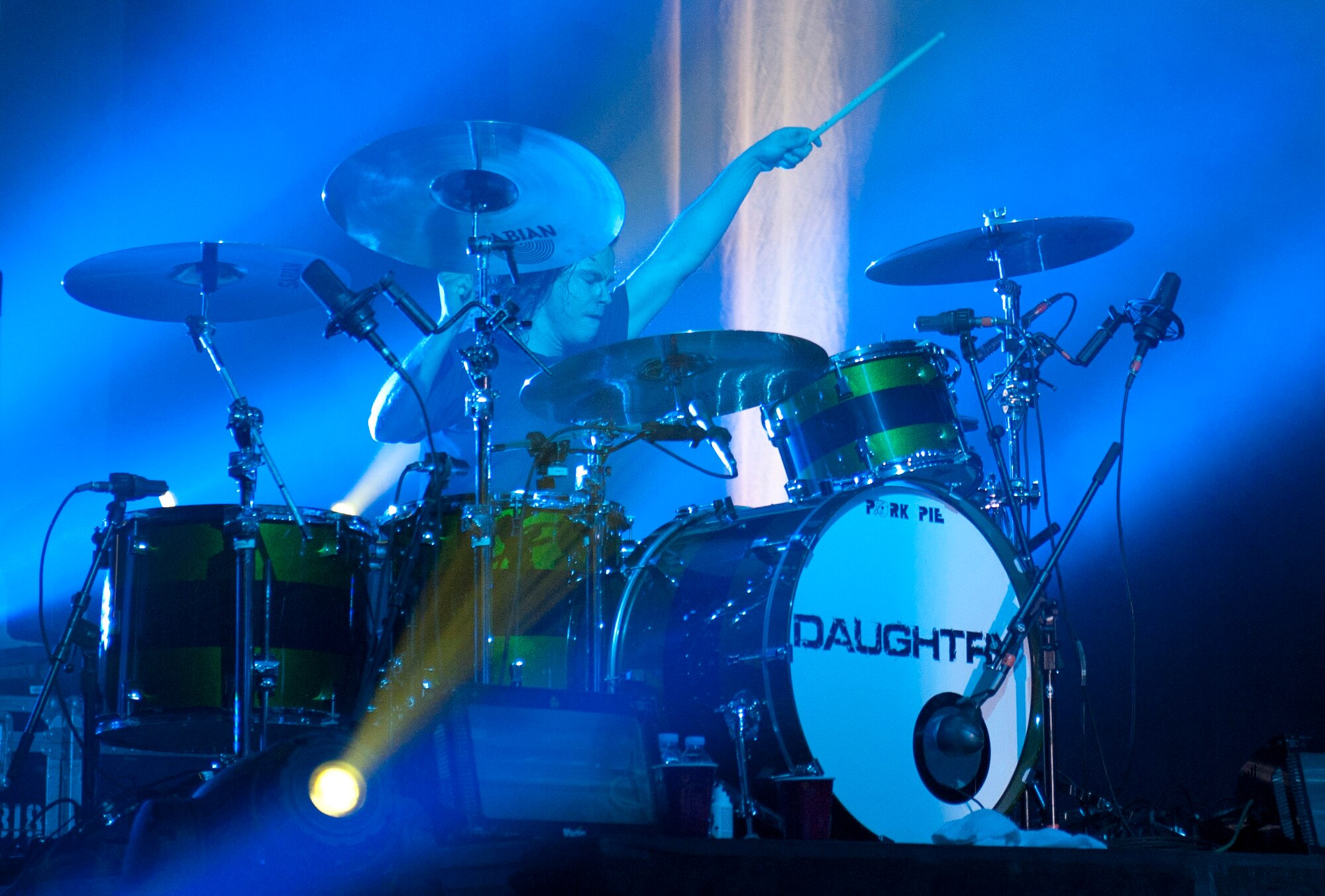 Robin Diaz,  drummer for the band Daughtry, plays for Airmen and their families during an Operation Seasons Greetings Tour for Troops Dec. 6, 2011, at Incirlik Air Base, Turkey. The OSG is a 13-day, six-concert tour through Southwest Asia and Europe. (U.S. Air Force photo by Senior Airman Anthony Sanchelli/Released)
