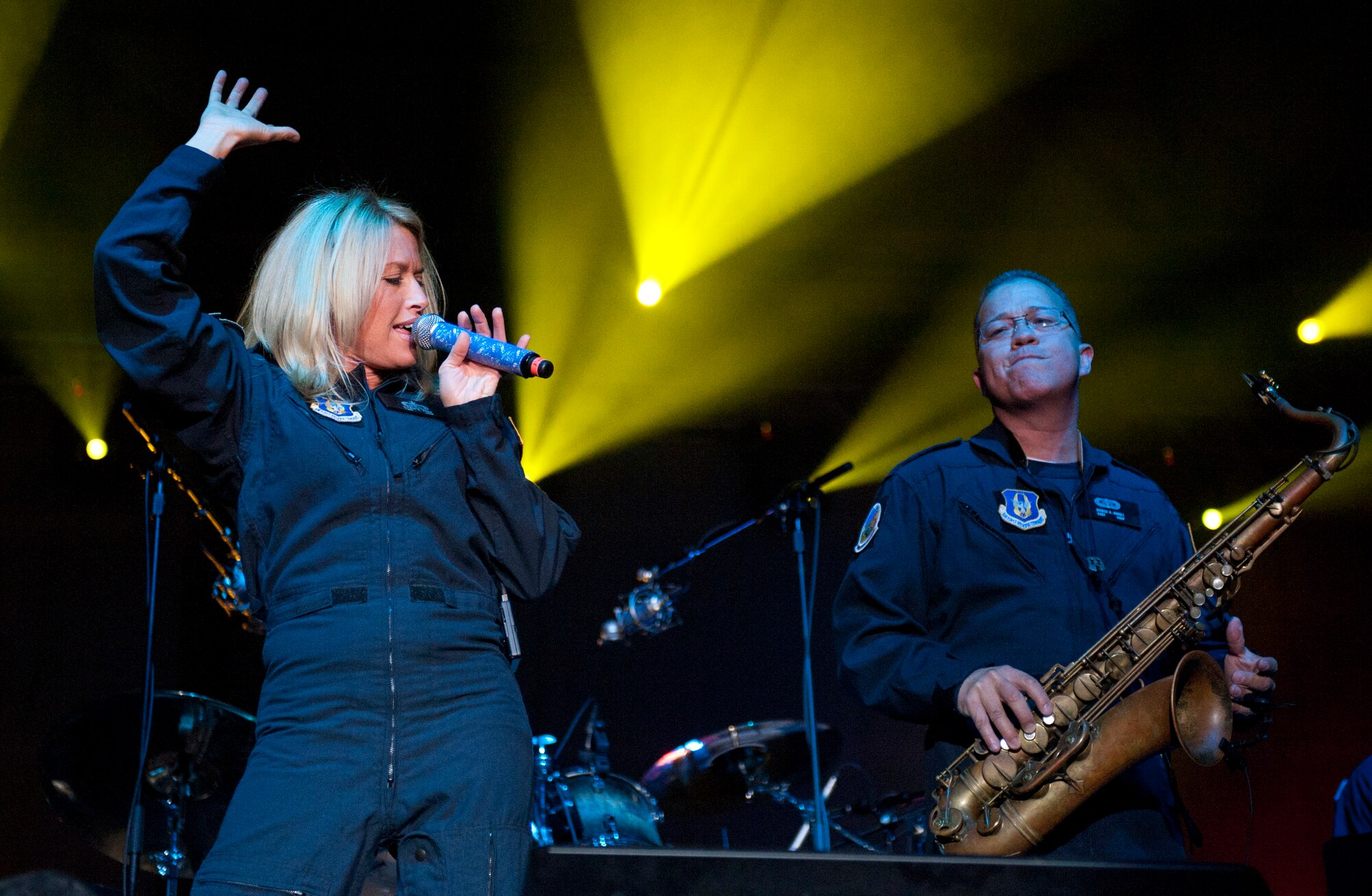 Members of Reserve Generation, Band of the U.S. Air Force Reserve, plays as the opening band for Daughtry and comedian Gabriel "Fluffy" Iglesias during an Operation Seasons Greetings Tour for Troops Dec. 6, 2011, at Incirlik Air Base, Turkey. The OSG is a 13-day, six-concert tour through Southwest Asia and Europe. (U.S. Air Force photo by Senior Airman Anthony Sanchelli/Released)