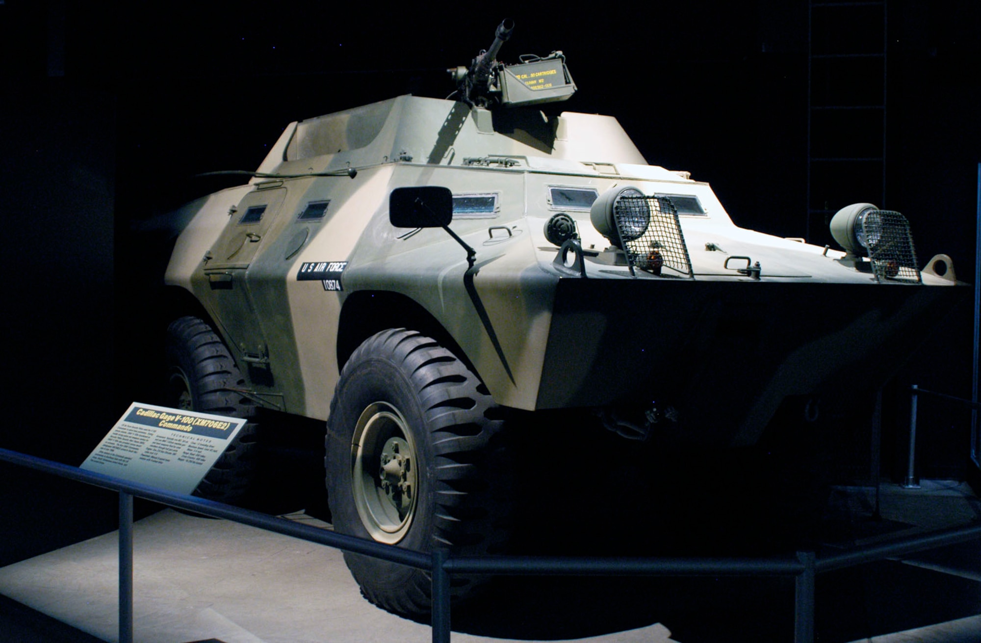 The Cadillac Gage V-100XM 706E2 "Commando" Armored Personnel Carrier was originally designed for convoy escort, reconnaissance or police riot control. The V-100, designated XM 706E2 by the USAF, was employed by Air Force personnel for base perimeter defense during the war in Southeast Asia. (U.S. Air Force photo)