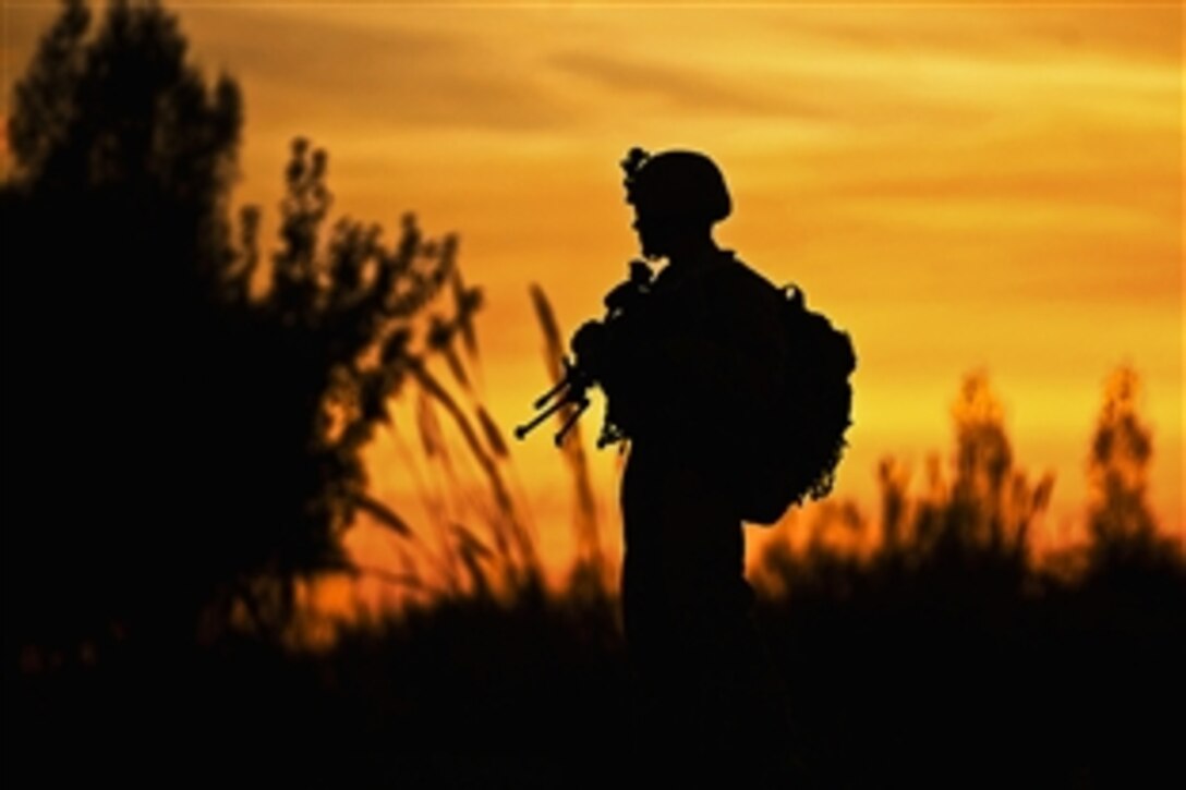 U.S. Marine Corps Pfc. Garrett Reed watches over a bridge during a security patrol in 
Garmser District, Helmand province, Afghanistan, Nov. 30, 2011. Reed is a mortarman assigned to  Weapons Company, 3rd Battalion, 3rd Marine Regiment. 