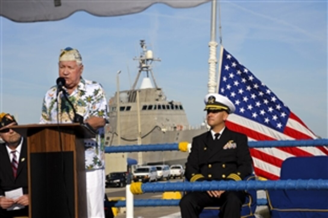 Duane Reyelts, a survivor of the Dec. 7, 1941, Japanese attack on Pearl Harbor, tells his story of what happened 70 years ago during a remembrance ceremony aboard the guided-missile frigate USS Underwood, Dec. 7, 2011.