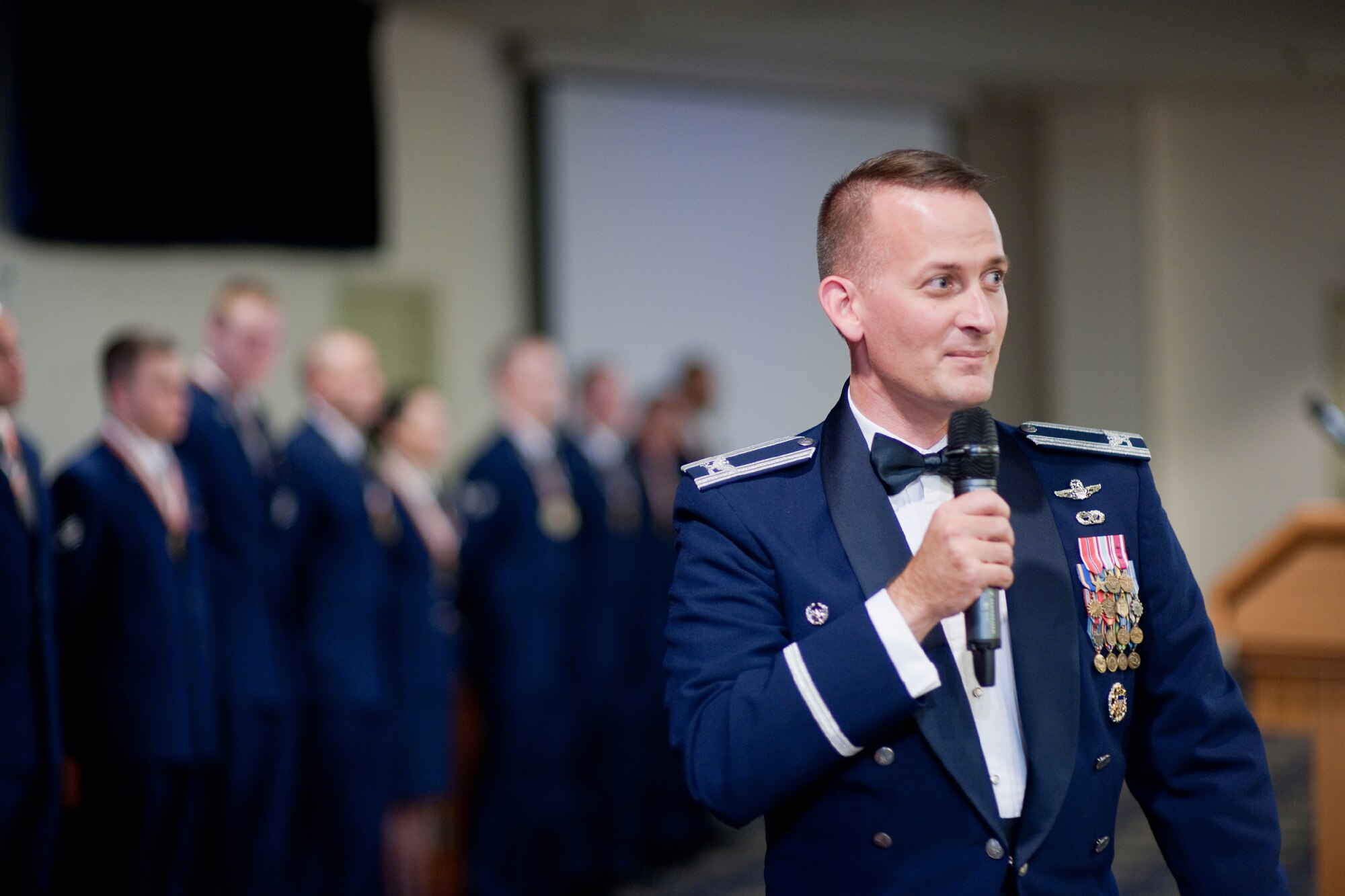 YOKOTA AIR BASE, Japan -- Col. William Knight, 374th Airlift Wing vice commander, gives closing remarks during the Airman Leadership School Class 12-A graduation ceremony at Yokota Air Base, Japan, Dec. 8, 2011.  (U.S. Air Force photo/Osakabe Yasuo)