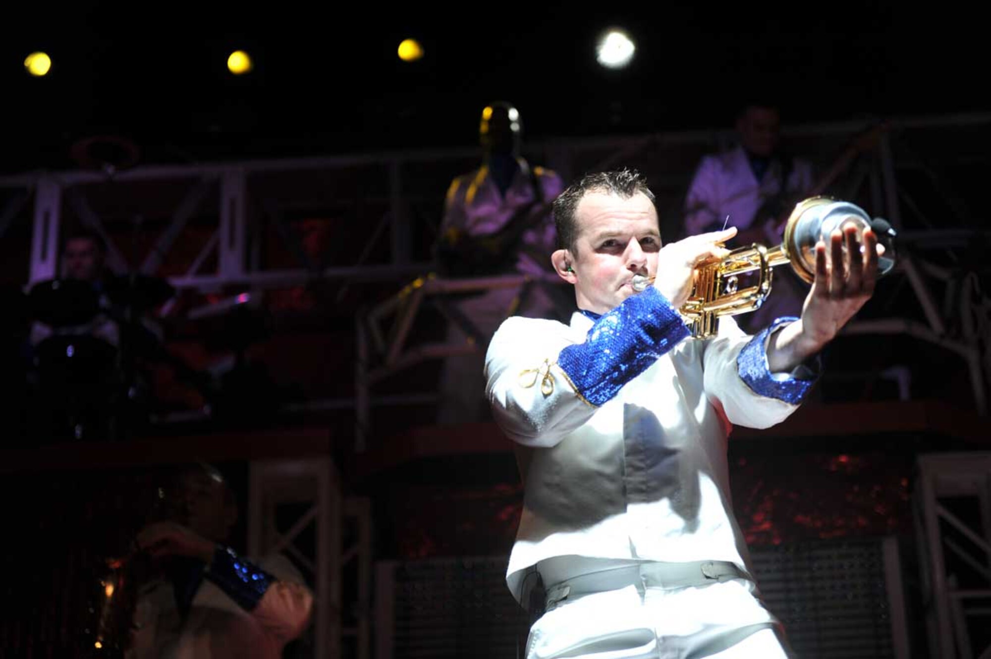 Senior Airman James Santos performs a trumpet solo at the Talkeetna base theater Monday. Santos is from Vacaville, Calif. (U.S. Air Force photo/Airman 1st Class Ty-Rico Lea)
