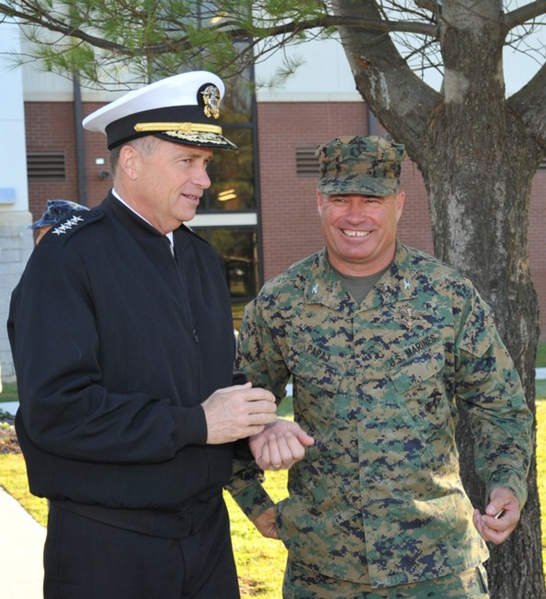Vice Chairman of the Joint Chiefs of Staff Adm. James A. Winnefeld meets Marine Aircraft Group-49 Commander, Col. Chris Papaj, and receives a tour of the new MAG-49 hangar Dec. 2 here. Winnefeld visited with various Joint Base McGuire-Dix-Lakehurst leaders during his morning tour of the installation. Winnefeld serves as the ninth vice chairman of the Joint Chiefs of Staff and is the nation's second highest-ranking military officer. (U.S. Air Force photo by Wayne Russell/Released)