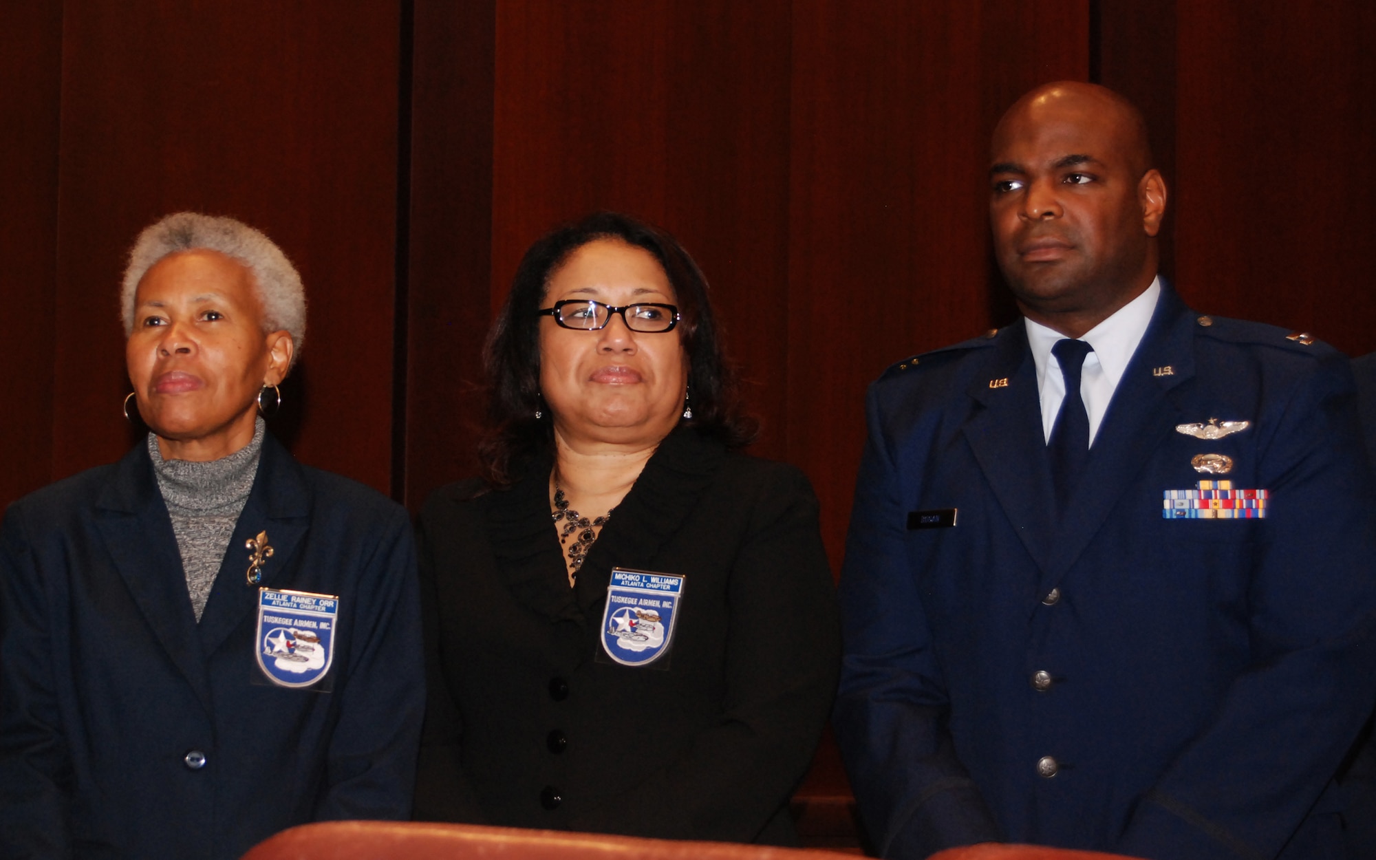 Atlanta Chapter Tuskegee Airmen, Inc. members Zellie Orr, Michiko Williams and Capt .Darryl Bogan, 94th Airlift Wing Equal Opportunity officer, attended the Atlanta City Council’s Proclamation Ceremony for 11 Atlanta-area Tuskegee Airmen.  (U.S. Air Force photo/Master Sgt. Stan Coleman)