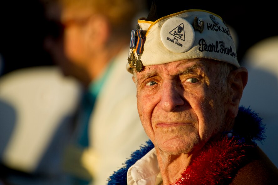 Army Air Corps Veteran, Louis Roffman waits for the Joint Base Pearl Harbor-Hickam remembrance ceremony to begin Dec. 7, 2011, at JBPHH.  Airmen, their families and veterans gathered at Atterbury Circle, the site of the same flagpole that stood during the Japanese attack Dec. 7, 1941. The ceremony was held to honor the survivors of the attacks and remember the 238 Army Air Corps Airmen who died defending Hickam Field. (U.S.  Air Force photo by Tech. Sgt. Michael R. Holzworth/Released)