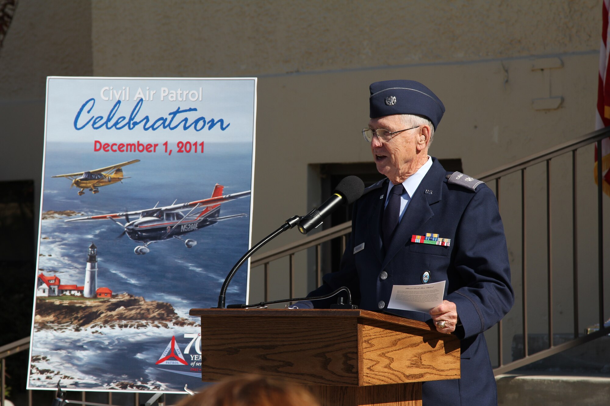 Retired Lt. Col. Otha Vaughan expresses his thanks after being honored with CAP's Exceptional Service Award during a ceremony at Maxwell Air Force Base, Ala., Dec. 1, 2011. Vaughan was recognized at the CAP 70th anniversary ceremony for his service as a cadet during World War II. (Courtesy photo/Susan Schneider) 