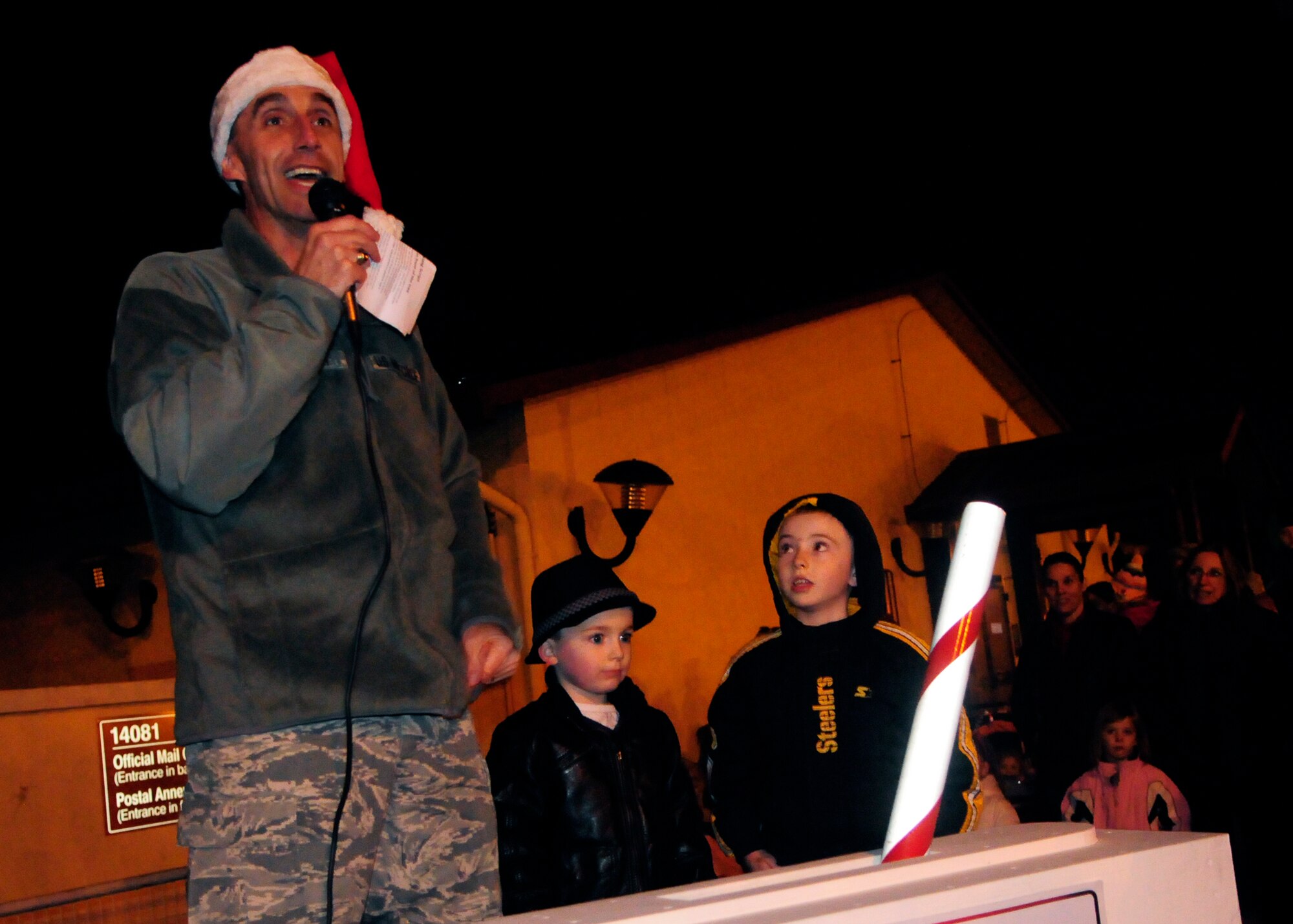 Brig. Gen. Scott J. Zobrist, 31st Fighter Wing Commander, speaks before lighting the holiday tree Dec. 7 at Aviano Air Base, Italy. The event included a treelighting countdown, caroling performances, santa's arrival, and free hot chocolate. (U.S. Air Force photo/Airman 1st Class Briana Jones)


