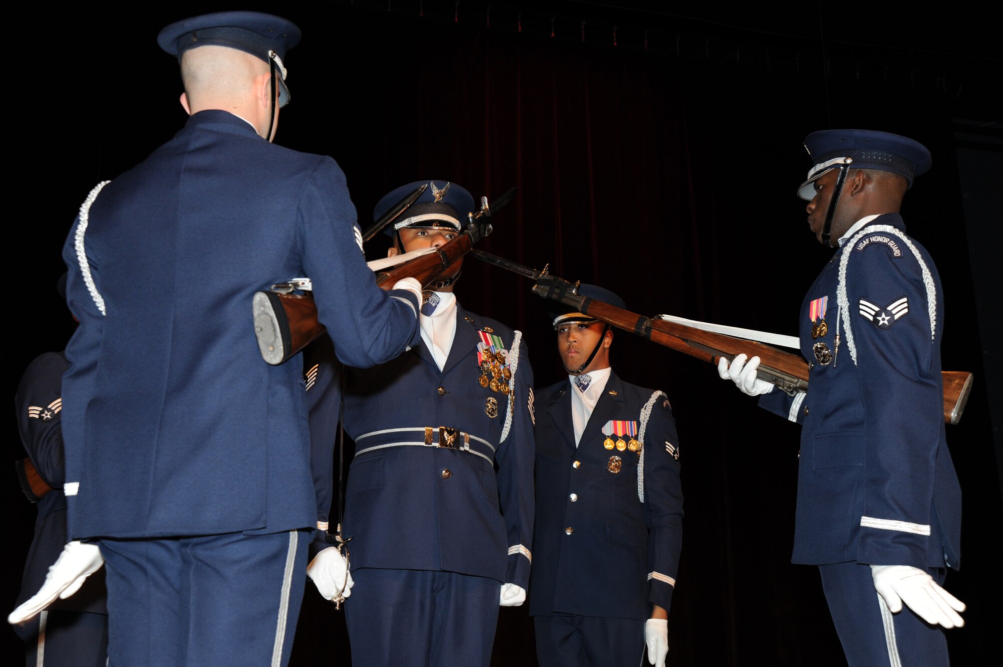 The U.S. Air Force Drill Team performs for Bladensburg High School’s Junior Reserve Officer Training Corps cadets Nov. 30, Bladensburg, Md. “They left me speechless,” said cadet Maj. America Lucero. “They’re very disciplined – very professional, you can tell they take time practicing for their performances.” (U.S. Air Force photo by Staff Sgt. Christopher Ruano)