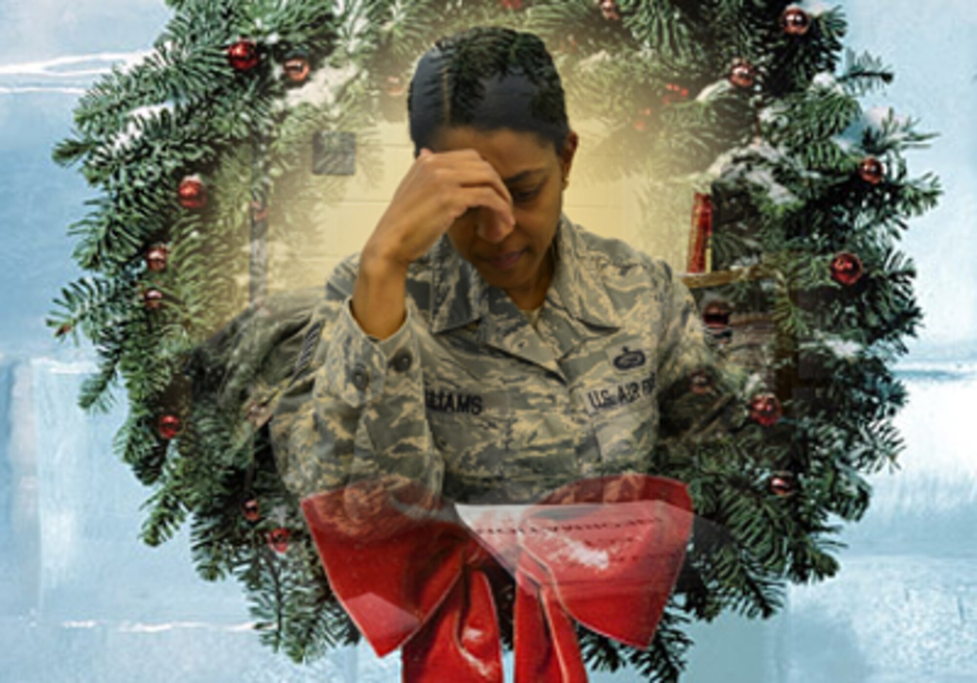 Though Tech Sgt. Sonja Williams, 94th Airlift Wing Airman and Family Readiness specialist, simulates a depressed Airman, holiday depression is real. During this time of the year, people may experience heightened stress, fatigue, financial constraints and loneliness triggered by the holiday season. TriCare members may contact Behavioral Health Care at 1-800-700-8646. Additionally, if you are in urgent need, you can call Military OneSource at 1-800-342-9647 and speak to counselor on the phone, or set up free counseling in your local area. If you or a loved one is experiencing suicidal thoughts, please contact 1-800-SUICIDE (784-2433) for immediate help. (U.S. Air Force photo illustration/Senior Airman Chelsea Smith)