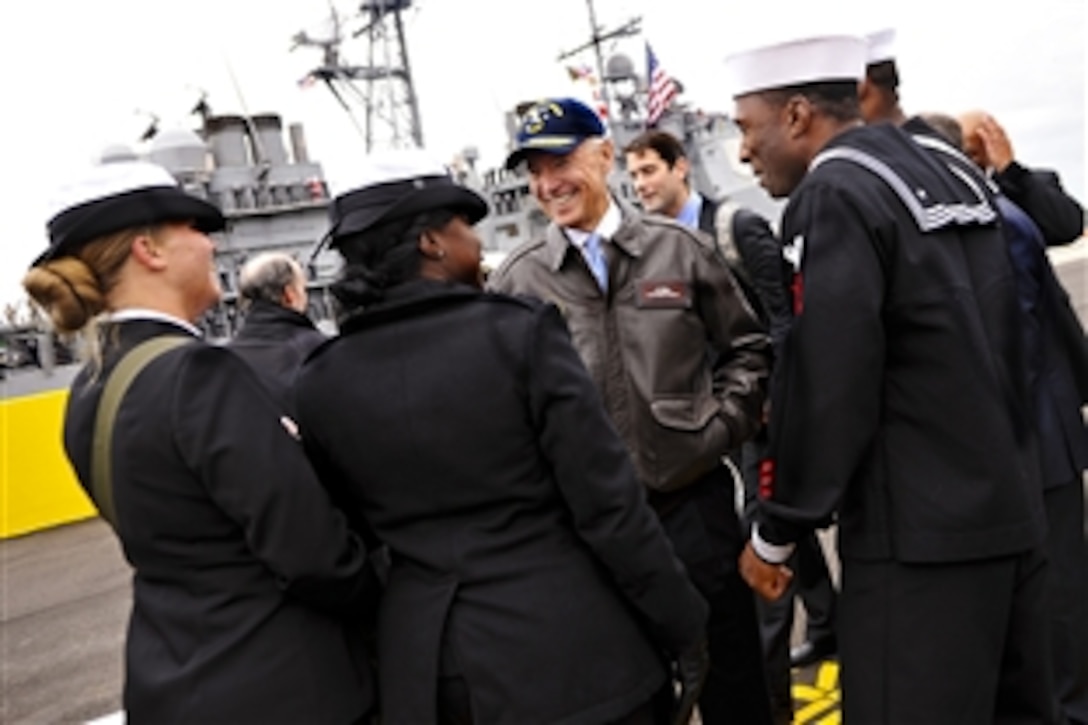 Vice President Joe Biden speaks to Navy sailors on Naval Station Mayport, Fla., while waiting for the return of the guided-missile cruiser USS Gettysburg, Dec. 8, 2011. Biden was on hand to welcome the crew home after a seven-month deployment with the USS George H.W. Bush Carrier Strike Group supporting Operations Enduring Freedom and New Dawn. 