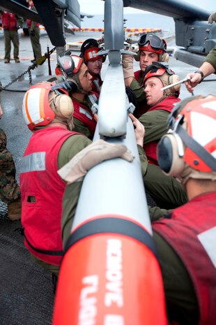 Ordnance technicians with Marine Medium Helicopter Squadron 268 (Reinforced) load an advanced medium-range air-to-air missile onto an AV-8B Harrier aboard USS Makin Island here Dec. 8. The squadron serves as the aviation combat element for the 11th Marine Expeditionary Unit, which embarked USS Makin Island, USS New Orleans and USS Pearl Harbor in San Diego Nov. 14, beginning a seven-month deployment to the Western Pacific and Middle East regions.