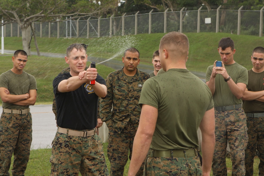 A Marine with Combat Logistics Battalion 31, 31st Marine Expeditionary Unit participates in Oleoresin Capiscum Level 1 training course here, Dec 9. The training allows Marines to execute baton techniques and arm manipulation takedowns while in heightened stressed situations. The 31st Marine Expeditionary Unit remains America’s force-in-readiness in the Asia-Pacific region, and is the only continually forward-deployed MEU.