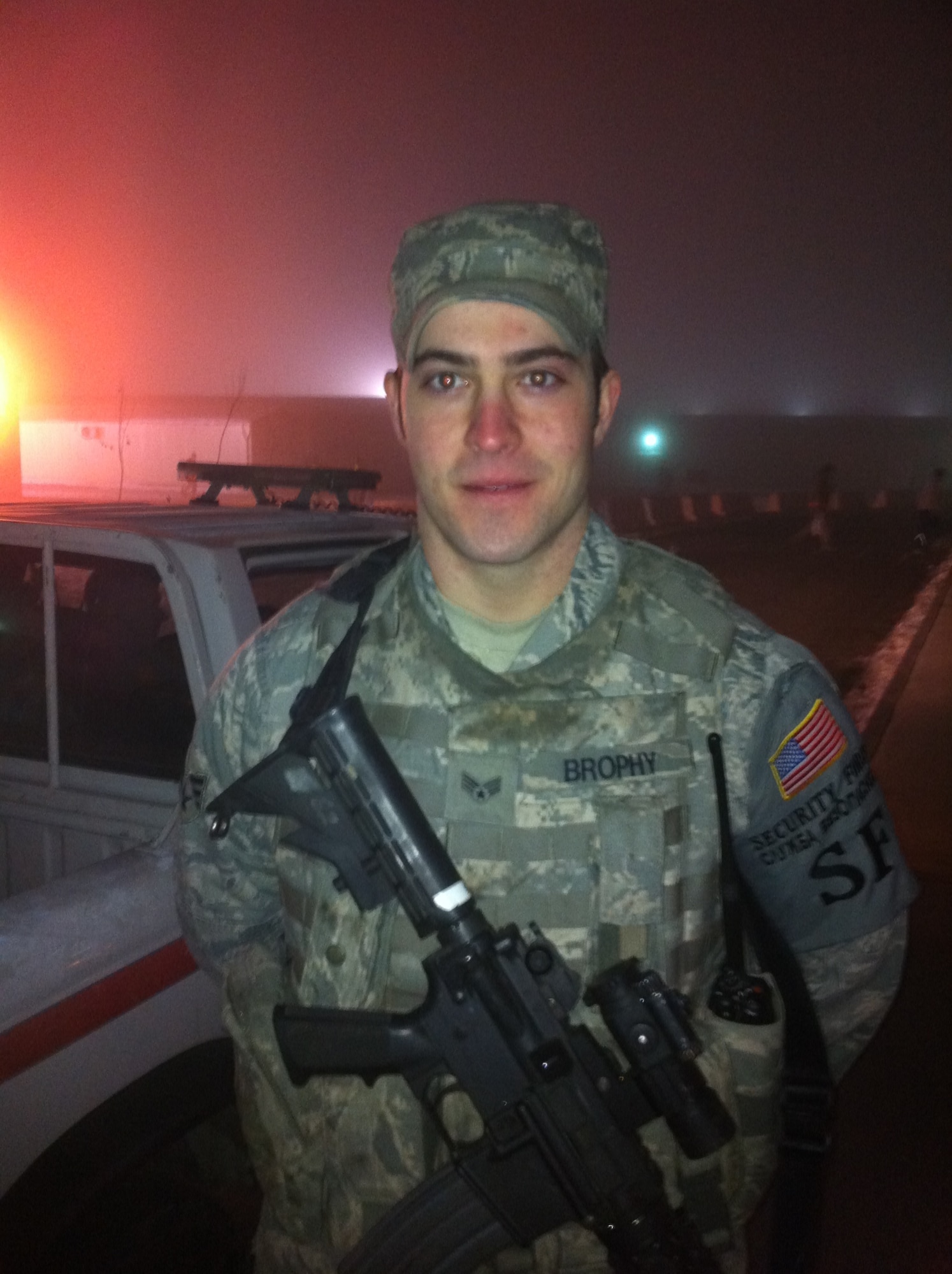 Meet the Warrior of the Week -- Senior Airman Kyle Brophy is a 376th Expeditionary Security Forces Squadron patrolman from Grand Forks Air Force Base, N.D. He is a native of St. Peters, Mo. (U.S. Air Force photo/ Master Sgt. Mike Tateishi)