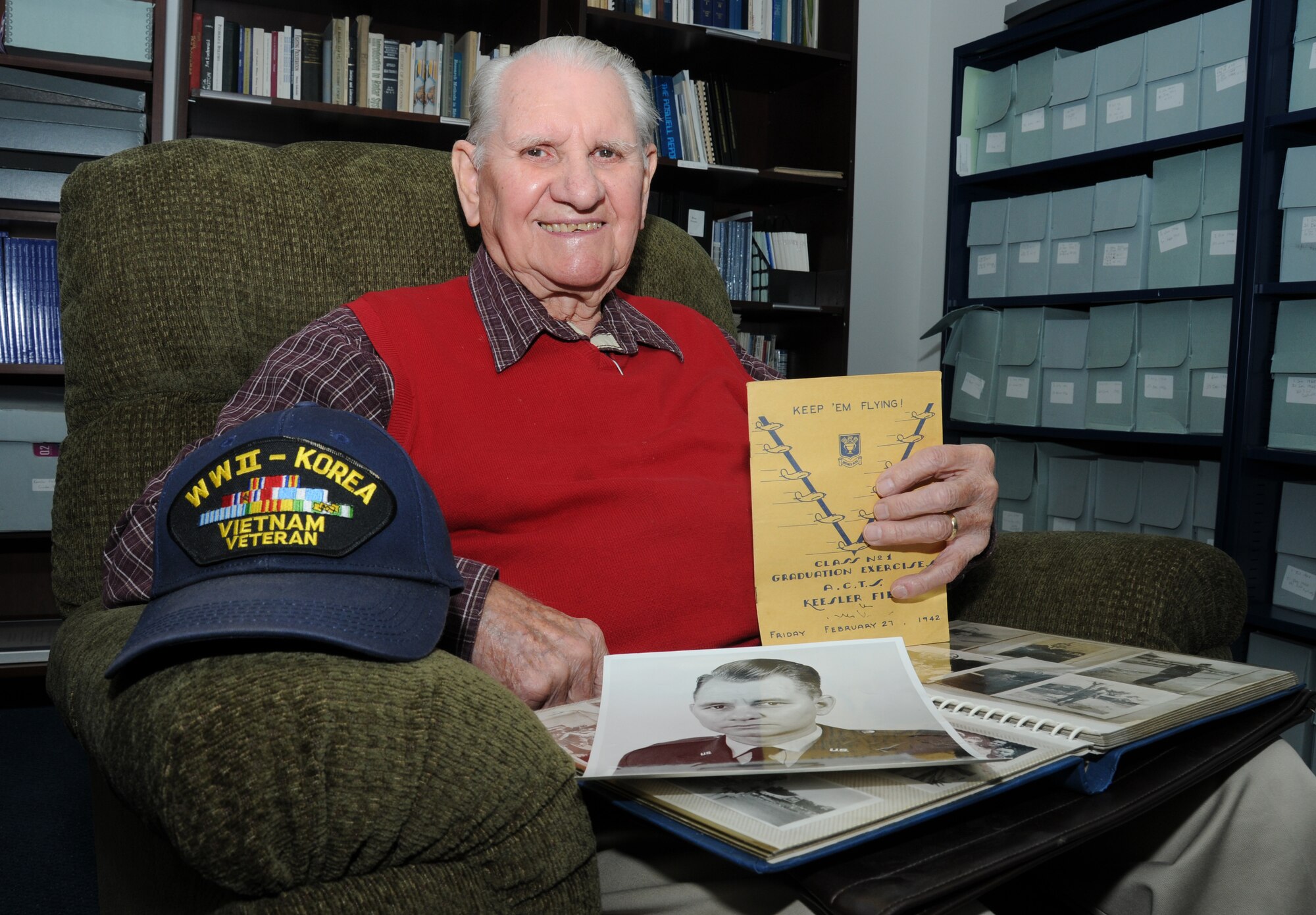 Ninety-year-old Thomas Adams Jr., a member of the first class of aircraft mechanic students at Keesler in 1941, made a visit to Keesler Air Force Base, Miss., Dec. 7, 2011, on the 70th anniversary of the Japanese attack on Pearl Harbor.  Adams has made his home in Pass Christian, Miss., since 1966 when he retired with 25 years of service in the Army Air Corps which was later name Air Force.  (U.S. Air Force photo by Kemberly Groue)