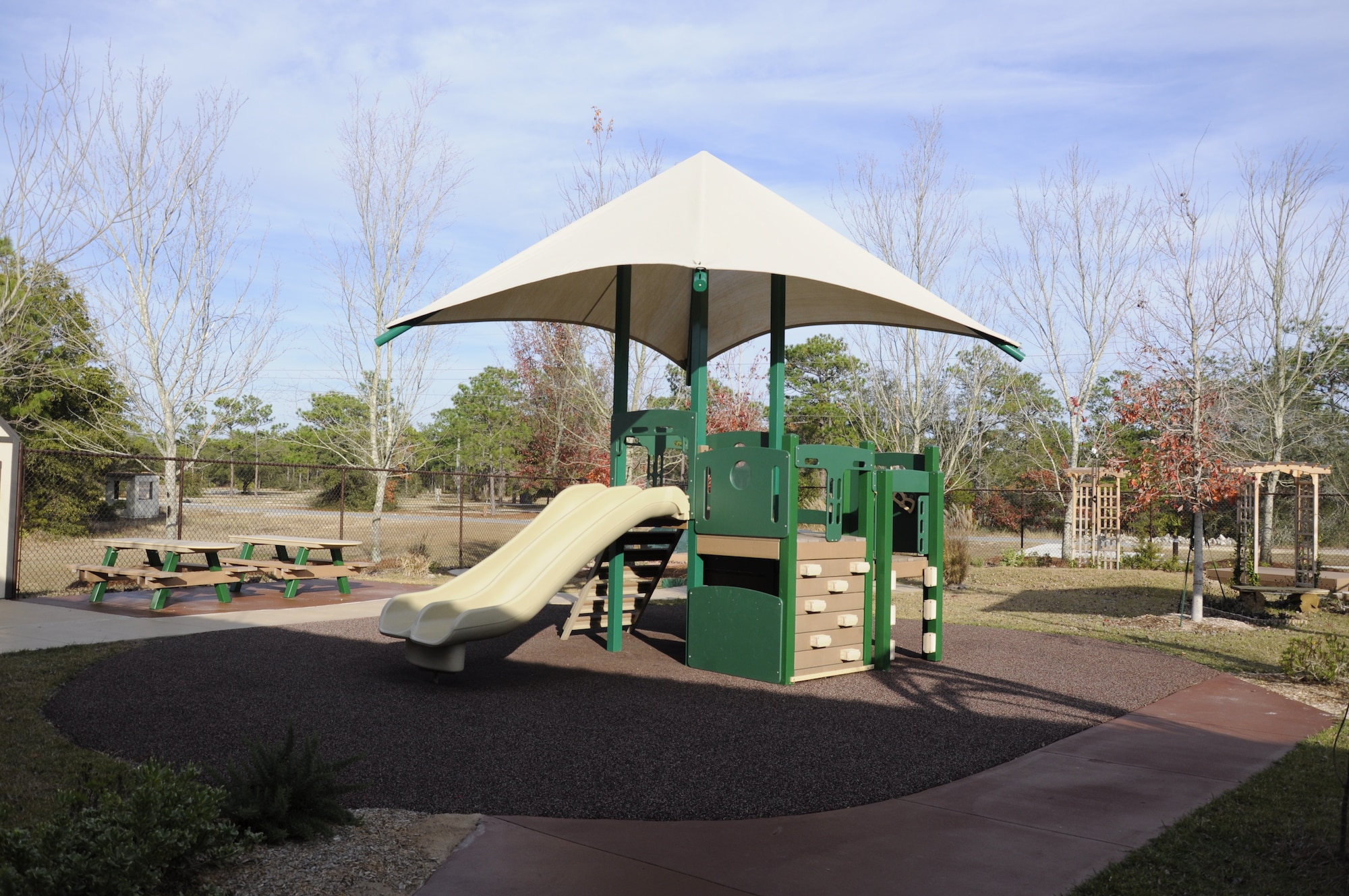 The new Child Development Center at Hurlburt Field opens Dec. 12, 2011. CDC East features four play yards and outdoor picnic areas for children to enjoy and play. (U.S. Air Force photo/Raquel Sanchez) (Released)