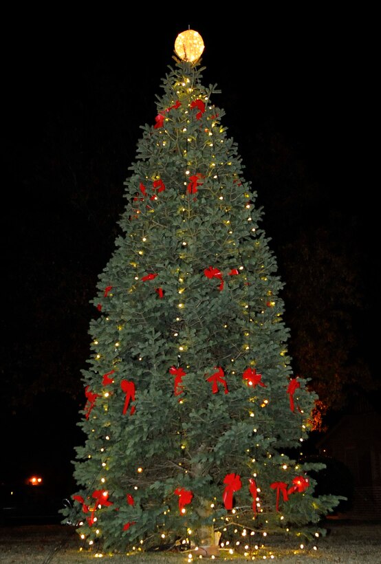 The Base Christmas tree shines on the Chapel lawn during the 44th Annual Christmas tree lighting ceremony at Langley Air Force Base, Va., Dec. 8, 2011. The lighting of the Christmas tree is an annual event that kicks off the holiday season. (U.S. Air Force photo by Staff Sgt. Dana Hill)