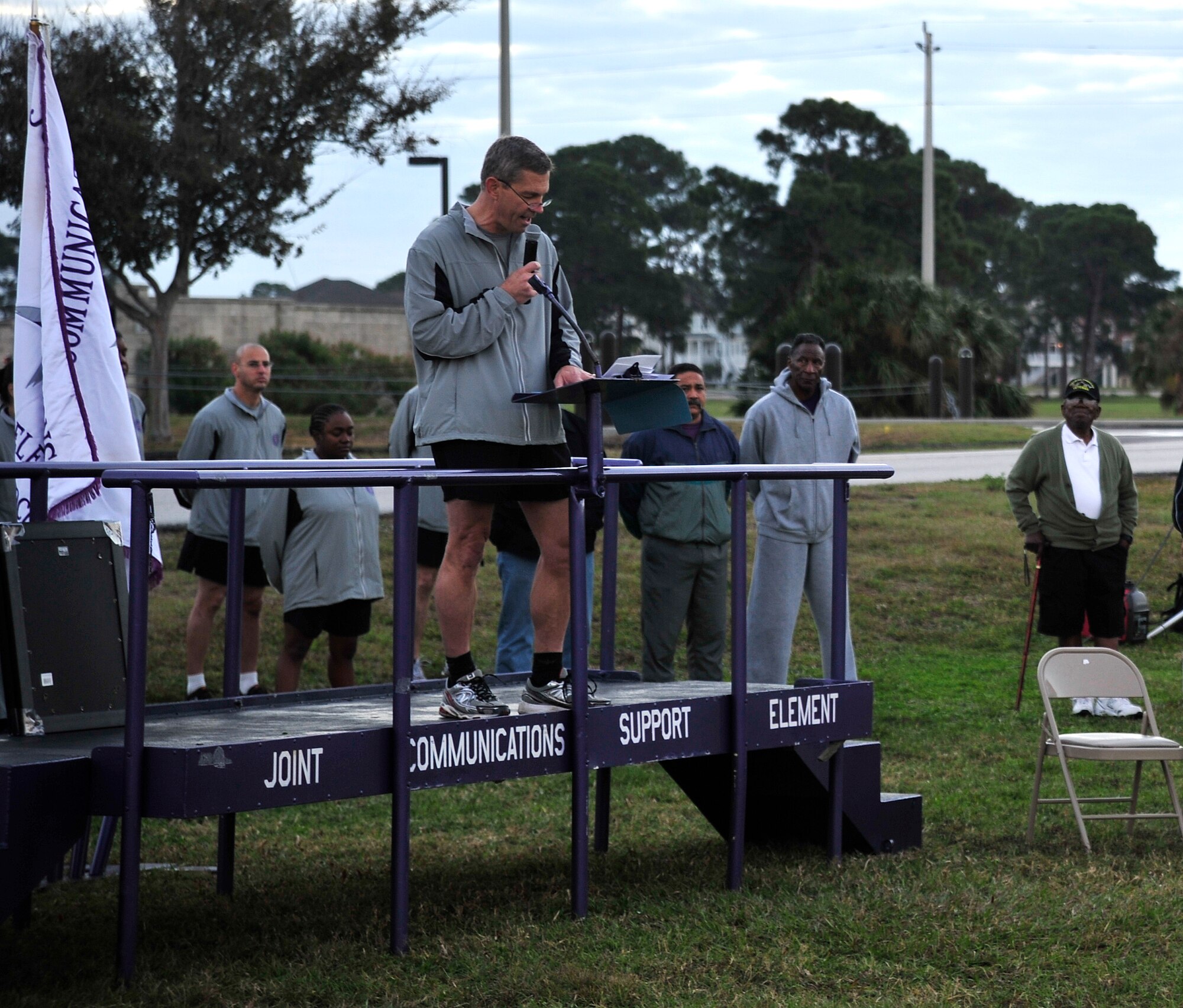 Rear Adm. Scott Stearney, Joint Enabling Capabilites Command commander, speaks on the history of JCSE during its 50th Anniversary celebration at MacDill Air Force Base, Fla., Dec. 9, 2011. The JCSE is the premiere joint communications unit in the Department of Defense and provides communications support on short notice in support of Department of Defense missions around the world. (U.S. Air Force Photo by Airman 1st Class Shandresha Mitchell)
