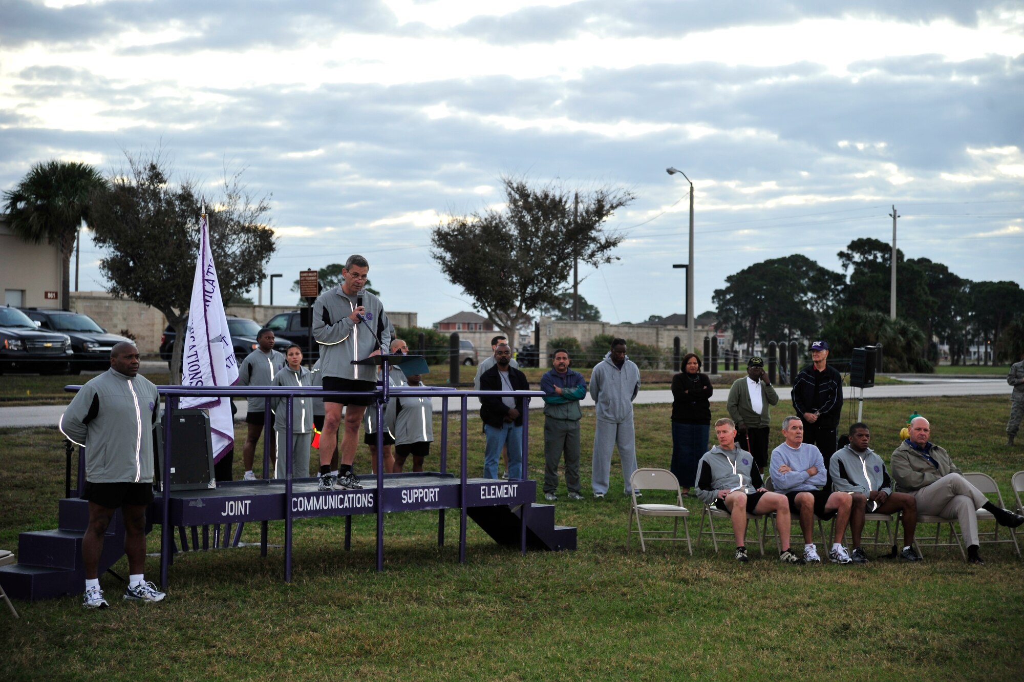 Rear Adm. Scott Stearney, Joint Enabling Capabilites Command commander, speaks on the history of JCSE during its 50th Anniversary celebration at MacDill Air Force Base, Fla., Dec. 9, 2011. The JCSE is the premiere joint communications unit in the Department of Defense and provides communications support on short notice in support of Department of Defense missions around the world. (U.S. Air Force Photo by Airman 1st Class Shandresha Mitchell)