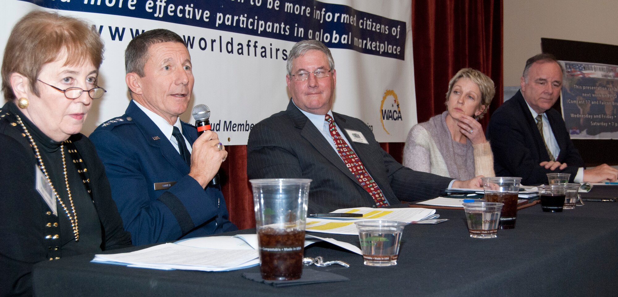 Air Force Academy Superintendent Lt. Gen. Mike Gould, second from left, discusses the state of higher education in the United States during a panel at Colorado College in Colorado Springs, Colo., Dec. 8, 2011. The Colorado Springs World Affairs Council organized the panel, which also included (from left): Dr. Pam Shockley-Zalabak, chancellor of the University of Colorado-Colorado Springs; World Affairs Council President Schuyler Foerster, Colorado College President Dr. Jill Tiefenthaler and Dr. Bruce Harmon, dean of engineering at the southern campus of Colorado Technical University. (U.S. Air Force photo/Don Branum)