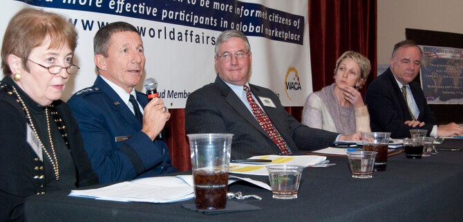 Air Force Academy Superintendent Lt. Gen. Mike Gould, second from left, discusses the state of higher education in the United States during a panel at Colorado College in Colorado Springs, Colo., Dec. 8, 2011. The Colorado Springs World Affairs Council organized the panel, which also included (from left): Dr. Pam Shockley-Zalabak, chancellor of the University of Colorado-Colorado Springs; World Affairs Council President Schuyler Foerster, Colorado College President Dr. Jill Tiefenthaler and Dr. Bruce Harmon, dean of engineering at the southern campus of Colorado Technical University. (U.S. Air Force photo/Don Branum)