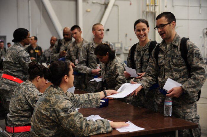 Airmen process through a redeployment line and prepare to return to Joint Base Charleston, S.C. Dec. 5, 2011. More than 600 Airmen simulated a deployment for the Operational Readiness Inspection that tested basic Airman knowledge, such as Self Aid Buddy Care and Chemical Biological Radioactive Nuclear and Explosive responses among many others. (U.S. Air Force photo/Staff Sgt. Katie Gieratz) (Released)