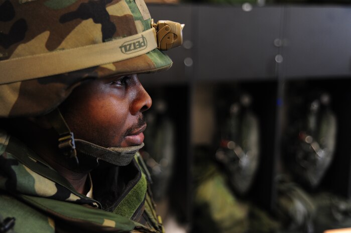 Staff Sgt. Rico Kones takes a moment to relax during the Operational Readiness Inspection at Gulfport, Miss. Dec. 3, 2011. More than 600 Airmen simulated a deployment for the ORI. Kones is an aircrew flight equipment technician with the 437th Operations Support Squadron. (U.S. Air Force photo/Staff Sgt. Katie Gieratz)(Released)