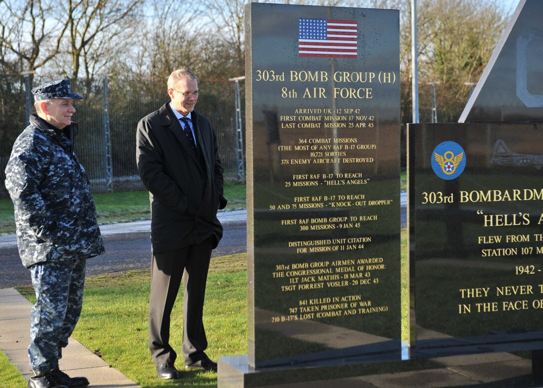 Richard Ashton, Director, Imperial War Museum – Duxford reads a quote from U.S. Army Air Forces Commander, General Henry H. “Hap” Arnold on the 303rd Bomb Group (Heavy) Memorial during Ashton’s  6 December visit to RAF Molesworth.  JIOCEUR Commander, Army Colonel Matthew P. Glunz invited the IWM-D Director to the base to discuss opportunities for collaboration in celebrating the contributions of American servicemen who arrived in the UK almost 70 years ago.  U.S. Air Force photo by Staff Sgt. Javier Cruz.