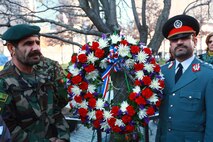 NEW YORK -- Afghanistan Army Major General Sayed Malouk, 215 Corps commander, (left) and Afghanistan National Police Major General Mullah Khil, 707 AUP Regional Headquarters deputy commander, laid a wreath in the World Trade Center Memorial Park next to the Survivor Tree, Dec. 9. The tree survived the collapse of the World Trade Center buildings and was replanted in the memorial park. Five high-ranking officers of the Afghan National Army and Police have have been touring the U.S. for a week, with stops in San Diego, Washington and New York to learn more about U.S. approaches to counter-terrorism, counter-insurgency and border security, including a visit earlier in the day to the FBI's Joint Terrorism Task Force. The trip is designed to provide more knowledge to these top Afghanistan commanders to further develop Afghanistan's ability to independently secure their country as U.S. forces draw down. Khill spoke through an interpreter at the ceremony, expressing condolences for the attacks on Sept. 11 and the resolve of the Afghanistan people to create a more stable country in the face of terrorism. (Official Marine Corps photo by Cpl. Caleb Gomez / RELEASED)::r::::n::::r::::n::