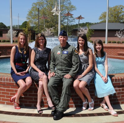 U.S. Air Force Col. Patrick Doherty, his wife Dee Dee and their daughters Brooke, from right, Maddie and Grace pose for a photo in front of the 4th Fighter Wing headquarters building on Seymour Johnson Air Force Base, N.C., April 1, 2010. Doherty took command of the 4th FW in April 2010 after serving as the vice wing commander. (U.S. Air Force photo by Senior Airman Gino Reyes/Released) 

