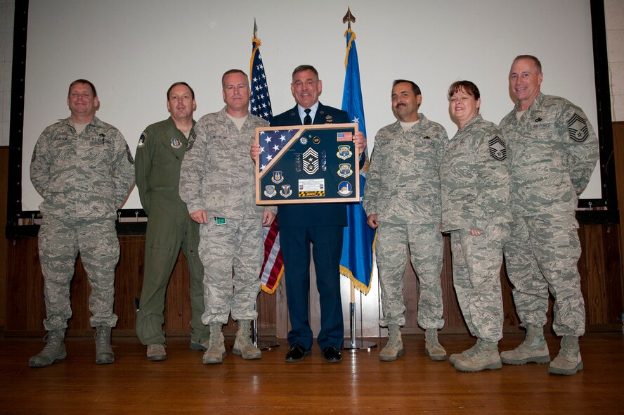 JOINT BASE ANDREWS, Md. -- The 459th Air Refueling Wing held a retirement ceremony for Command Chief Master Sgt. Clifford Van Yahres during the Unit Training Assembly here Dec. 3, 2011. Chief Van Yahres retired from the Air Force Reserve after 33 years of military service. His retirement ceremony was presided over by Col. (Ret.) Giordano McMullen, former commander of the 514th Airlift Mobility Wing, Joint Base McGuire-Dix-Lakehurst, N.J.. Chief Van Yahres served as command chief of the 913th Airlift Wing, Willow Grove Air Reserve Station, Pa., while Colonel McMullen was a commander there. (U.S. Air Force photo/Senior Airman Amber Russell)