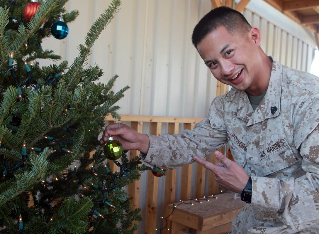 Sergeant Mario Powers, Staff Judge Advocate office, hangs an ornament on a tree to get in the Christmas spirit.  (Official U.S. Marine Corps photo by Cpl. Thomas Bellegarde)