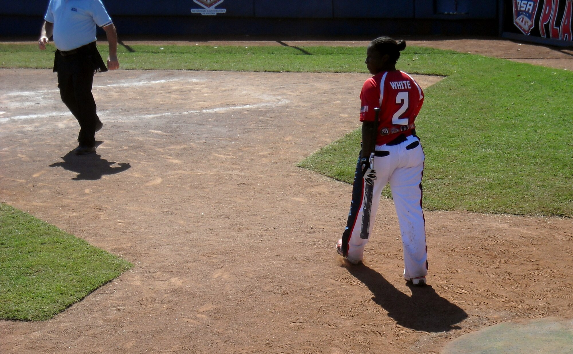 As part of the U.S. Armed Forces Women’s Softball Team, Staff Sgt. Schameka White, 412th Operations Support Squadron Aviation Resource Management, approaches the plate during the 2011 Amateur Softball Association National Championship in Oklahoma City, Okla. this past October. White initially made the Air Force Women’s Softball Team where she was selected for the All-Tournament Team, and ultimately the U.S. Armed Forces Team, at the 2011Armed Forces Softball Championship held at Naval Air Station Pensacola, Fla. in September. She has been part of the Air Force team since 2005. (Courtesy photo)
